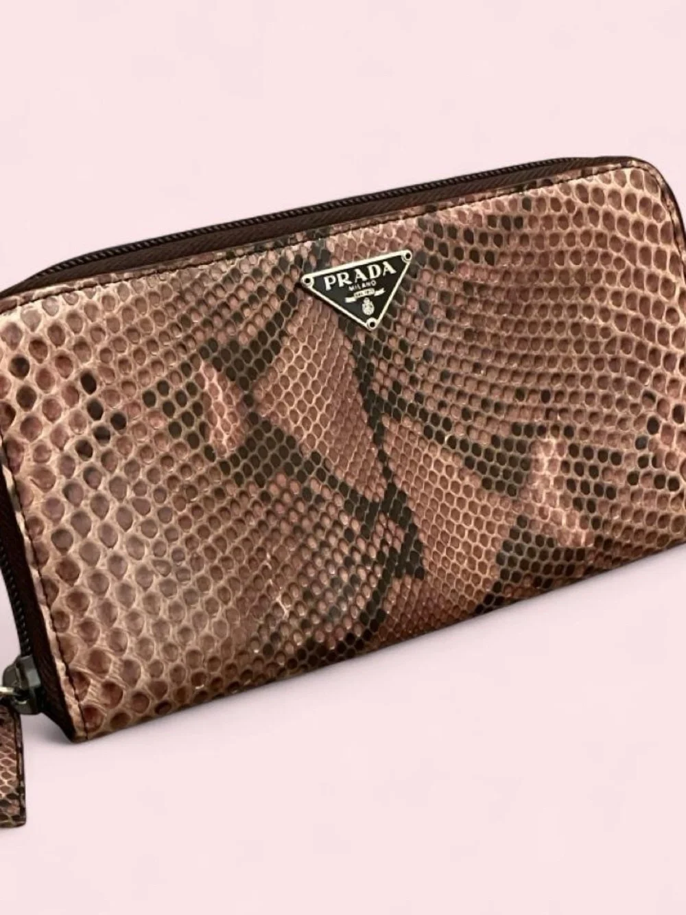 Prada Snake Skin Zip Wallet Purse in Brown and Black